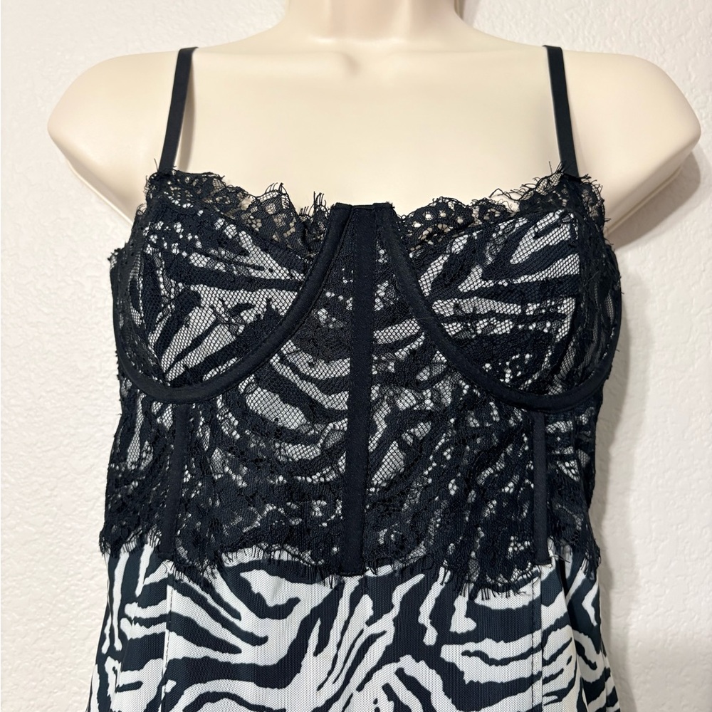 Mesh Body con Semi Sheer Black White Zebra Print Dress w Bustier Type Lace Top - Picture 3 of 13